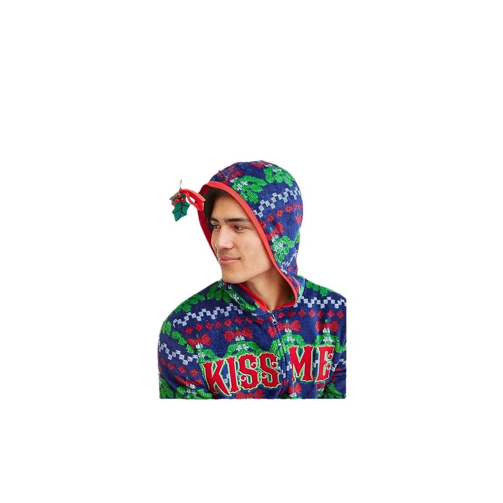 Mens Kiss Me Mistletoe Christmas Minky Fleece Union Sleeper Pj’s Drop Pant Sz XL - Picture 3 of 6